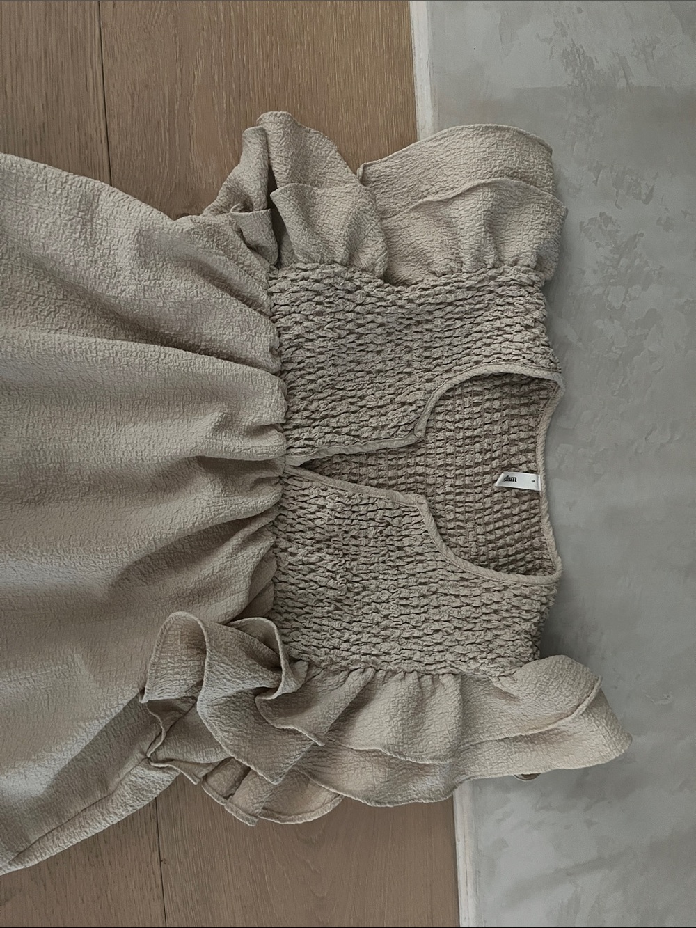 glam Taupe Smocked Knit Top with Ruffle Edge - Picture 3 of 5